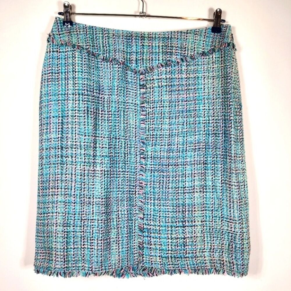 Vintage Doncaster Silk Blend Baby Blue Tweed Fringe Skirt Lined